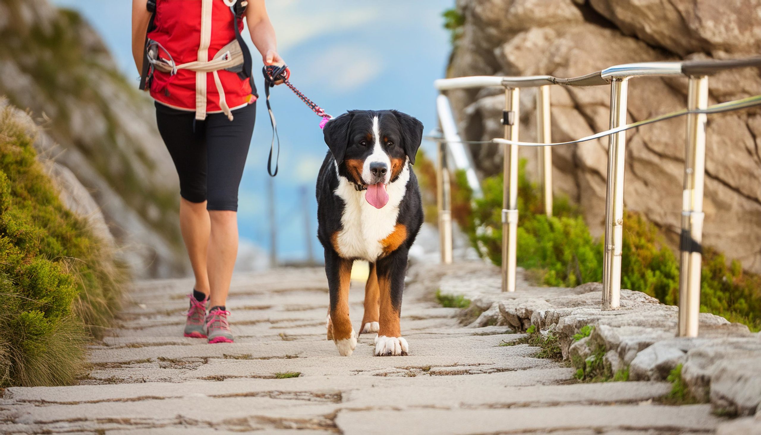 De Grote Zwitserse Sennenhond geniet van zijn dagelijkse wandelingen
