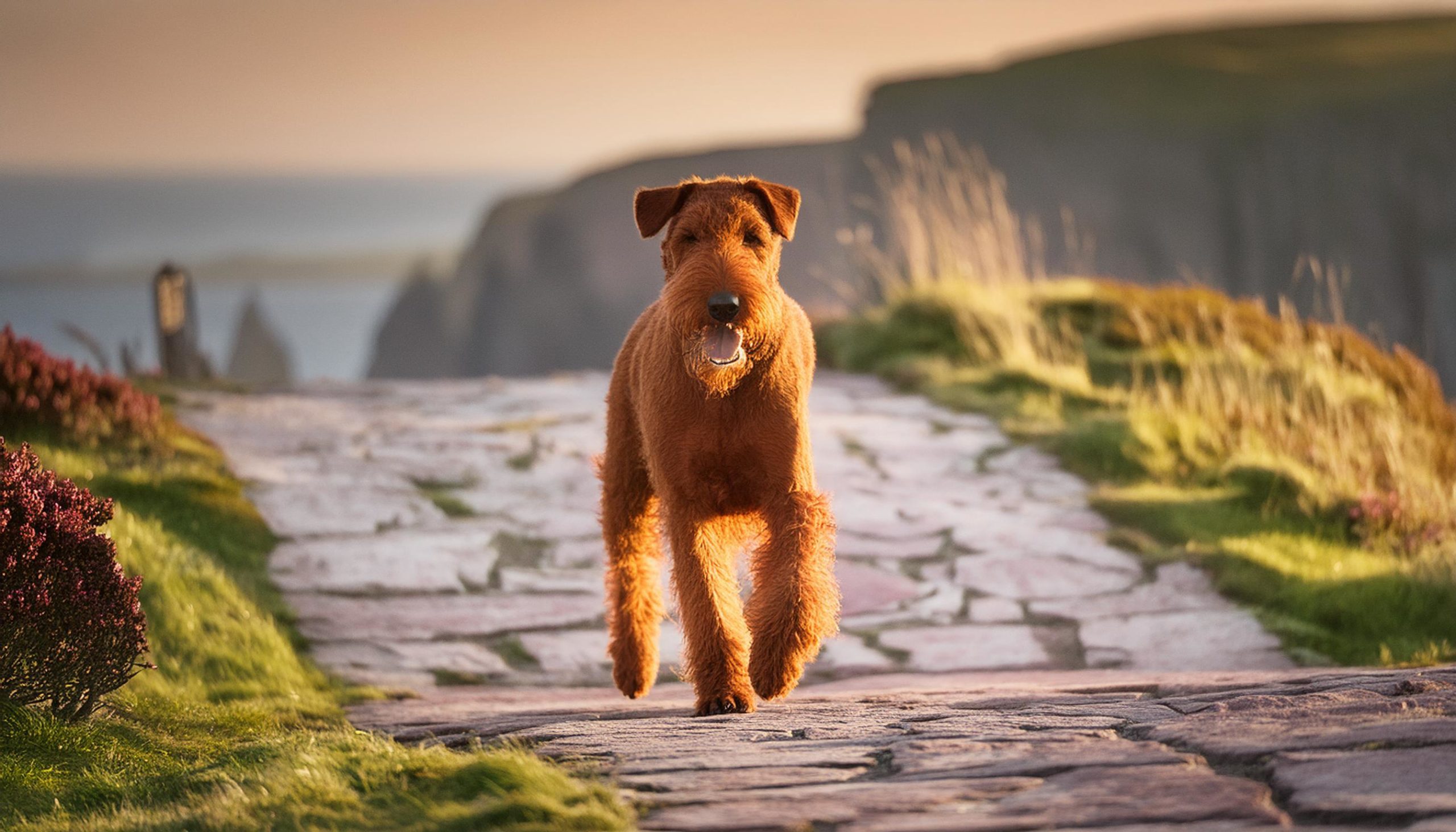 De ierse terrier geniet van zijn dagelijkse wandeling