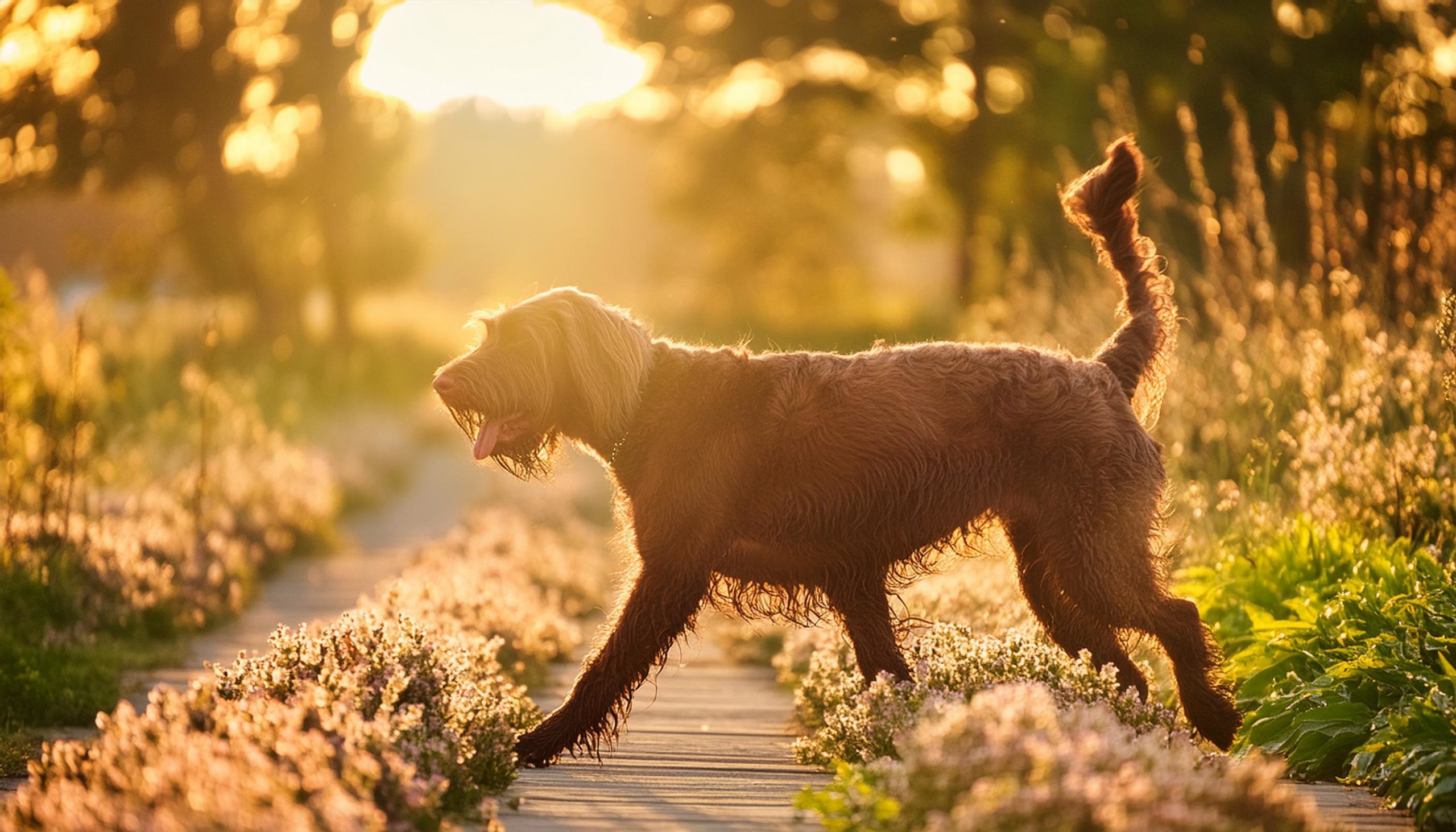 de ierse water spaniel geniet van zijn dagelijkse wandeling door het park