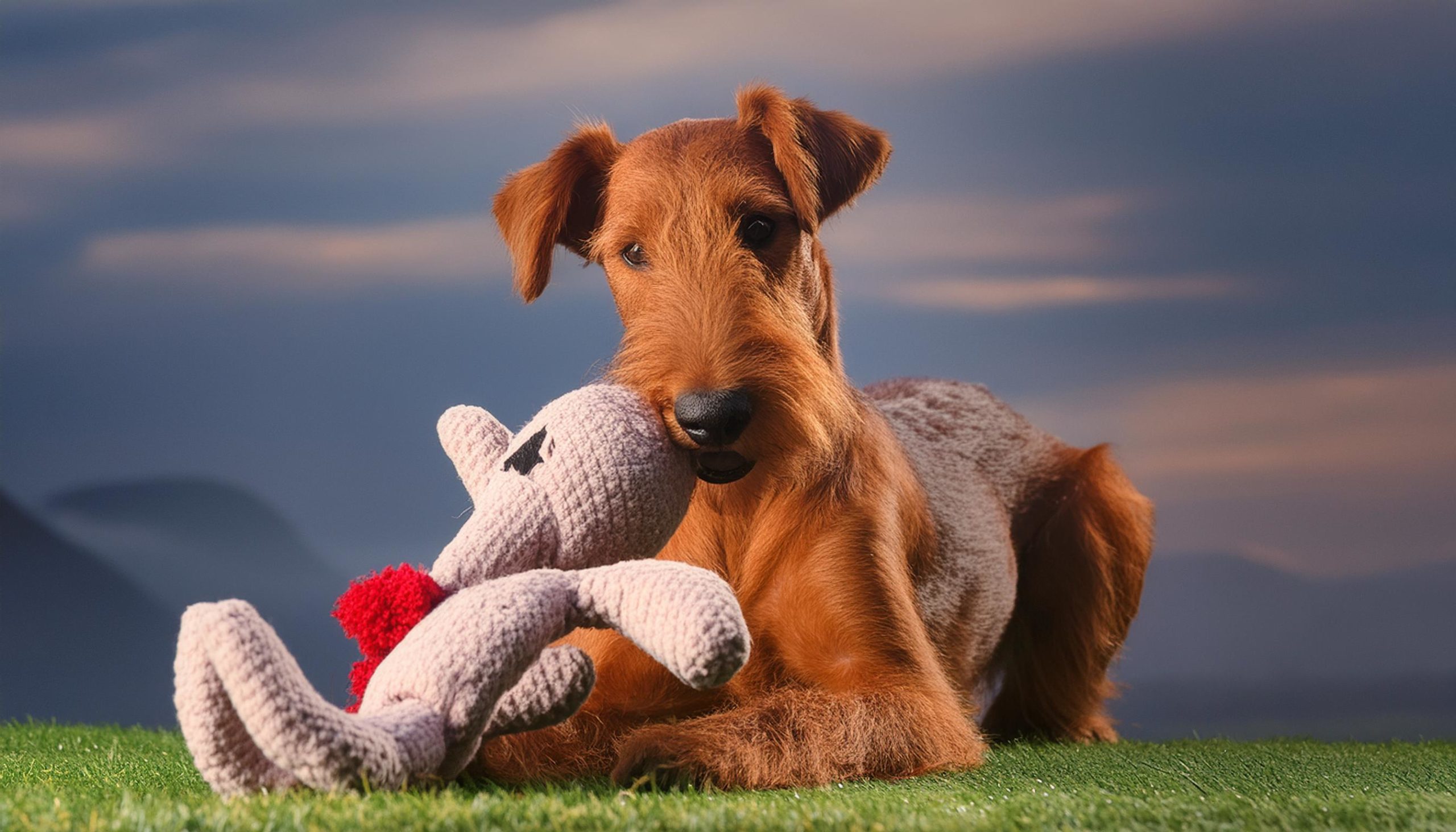 de ierse terrier speelt met zijn knuffel