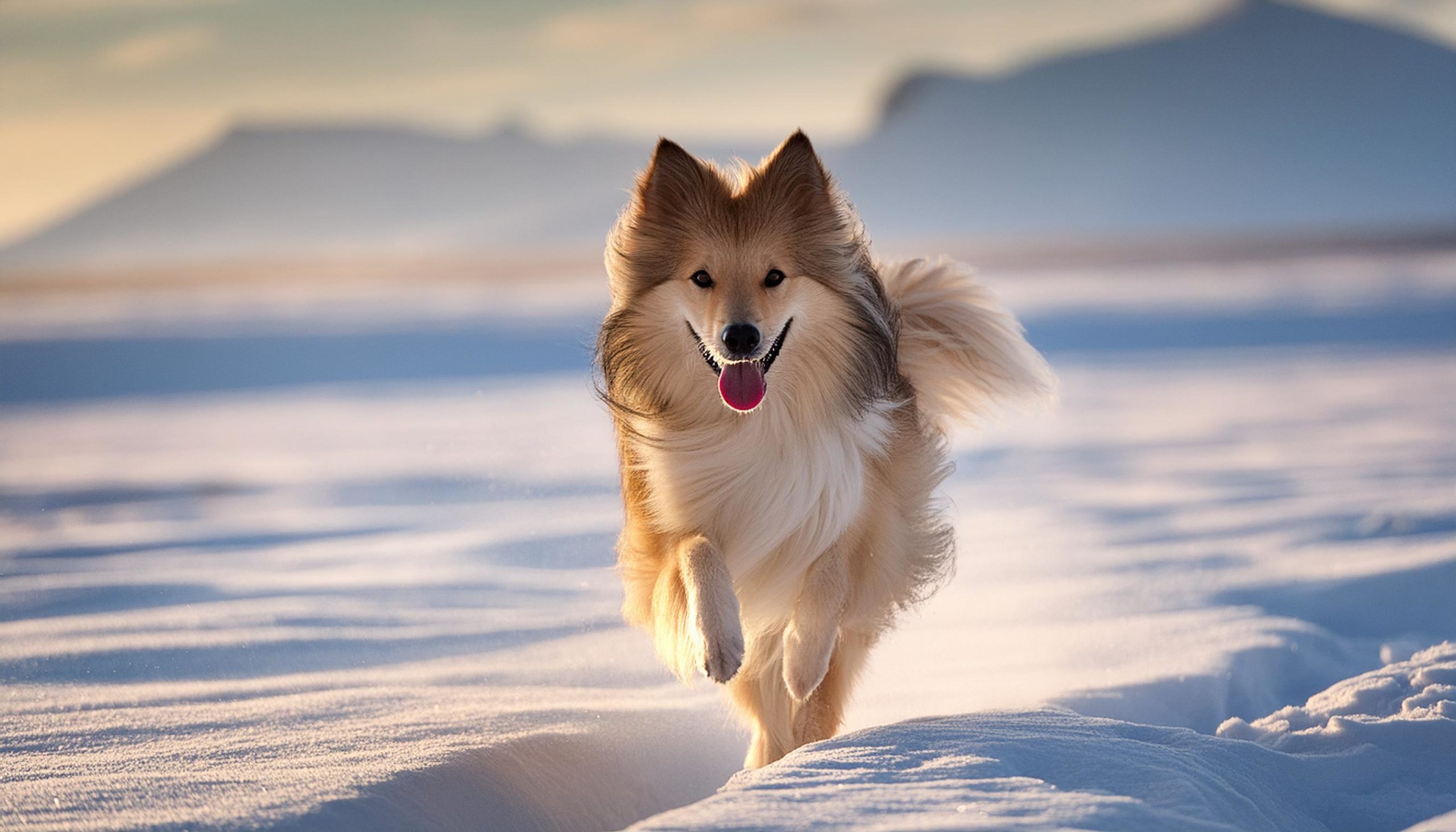 de ijslandse hond geniet van zijn speel uurtje door het sneeuw