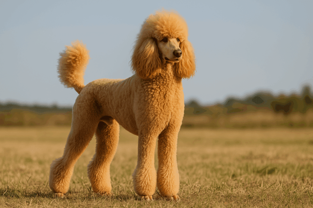 De koningspoedel poseert op een veld